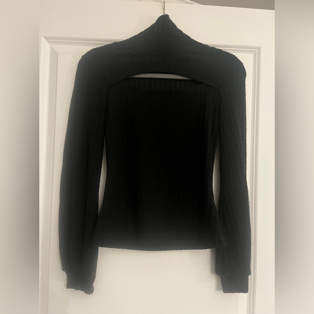 SHEIN Black Ribbed Long Sleeve Hollow Out Top